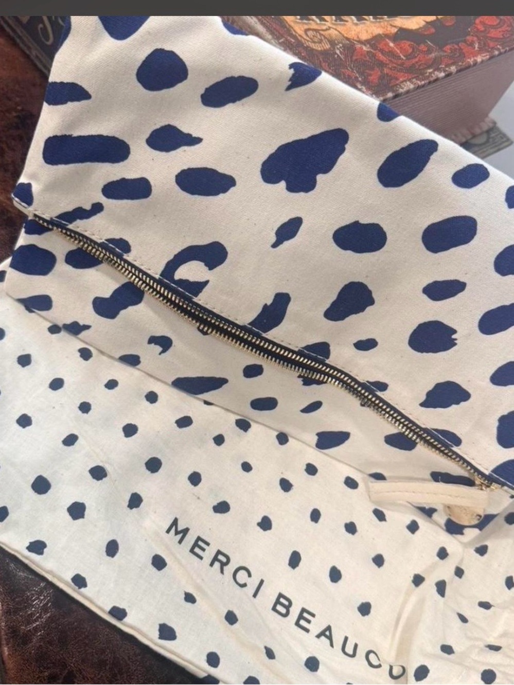Clare V  Navy & White Polka Dot Canvas Clutch